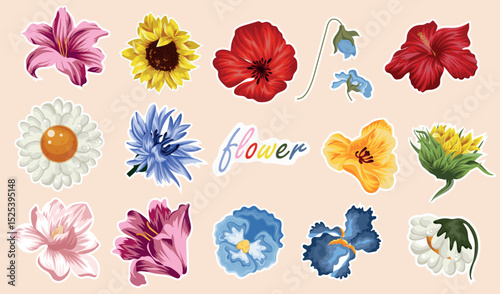 set of stickers with images of various wild and artificial flower buds, for printing and social networks