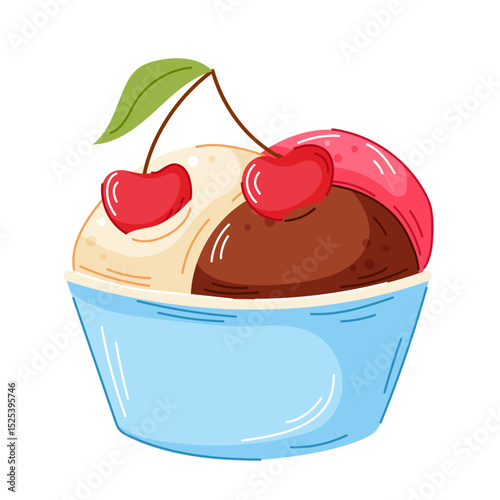 Colorful ice cream in blue bowl with vanilla, chocolate and strawberry scoop topped with cherry and leaf in cartoon. Perfect for cafe menu, logo and packaging food design.