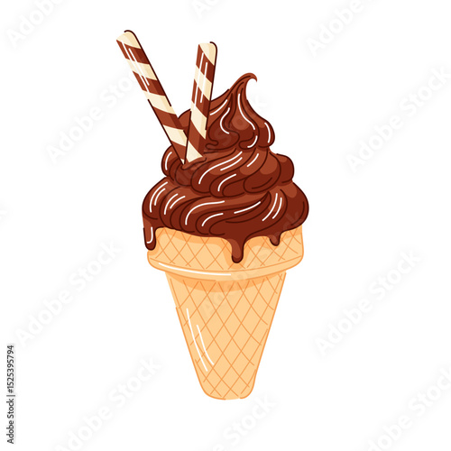Dark chocolate ice cream cone with swirled creamy texture with wafer sticks in cartoon. Refreshing summer dessert perfect for cafe menu, fruit concept and colorful food illustration.