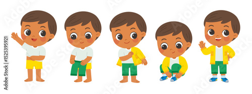 Cute little boy getting dressed step by step with happy smile in morning routine. Child learning to dress himself step by step, promoting independence and self-care skills.