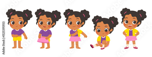 Cute little girl getting dressed step by step with happy smile in morning routine. Child learning to dress herself step by step, promoting independence and self-care skills.