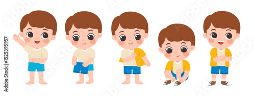Cute little boy getting dressed step by step with happy smile in morning routine. Child learning to dress himself step by step, promoting independence and self-care skills.