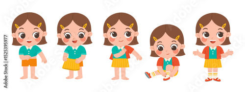 Cute little girl getting dressed step by step with happy smile in morning routine. Child learning to dress herself step by step, promoting independence and self-care skills.