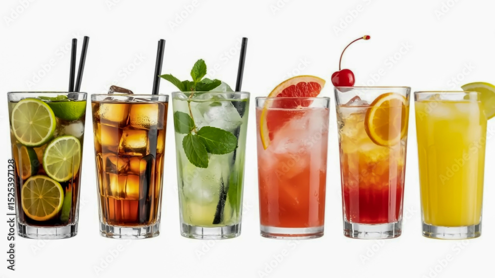 A professional product photography of six tall cocktail glasses arranged in a horizontal line against a pure white background A professional product photography of six tall cocktail glasses arranged in a horizontal line against a pure white background