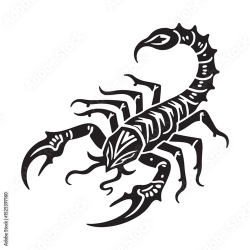 Scorpion tattoo vector illustration on white background showing black poisonous arachnid with stinger and claws