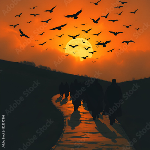 Passage of the Mysterious March: Mysterious figures march in silhouette along a winding path, guided by unseen forces beneath a dramatic sky filled with spectral birds.