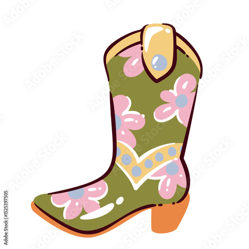 Green cowboy boot decorated with pink flowers and yellow details, drawn in cartoon doodle style. Fun western fashion element, outline vector illustration for stickers, cards, or girly rodeo design.
