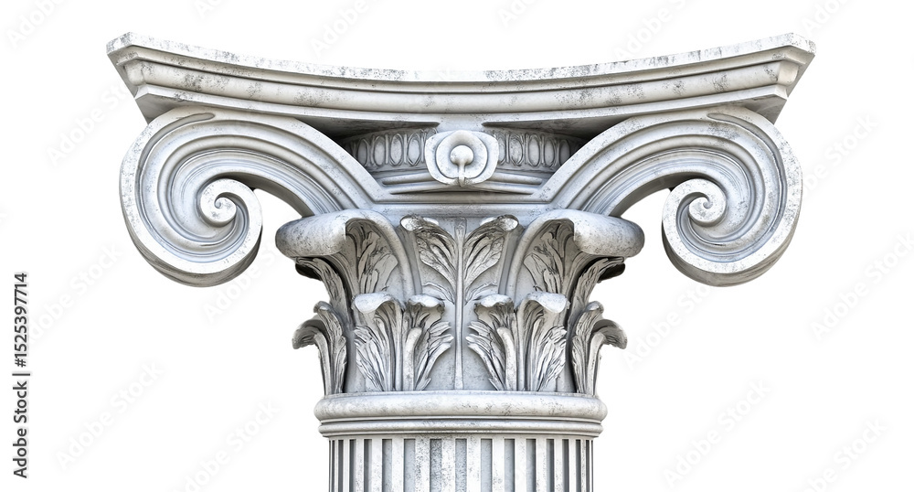 Obraz premium Close-up of an ornate white marble column capital with acanthus leaf carvings and volutes, transparent background