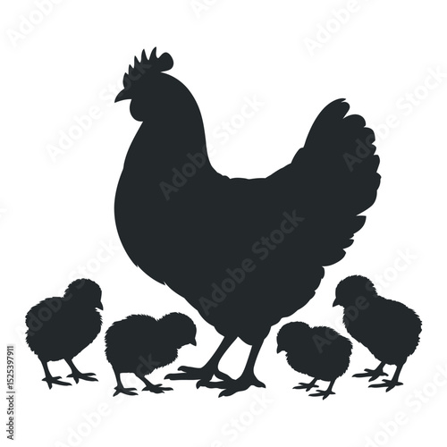 Silhouette of a Hen with Four Chicks A Mother s Love and Protection in the Farmyard Representing Family and New Life black silhouette