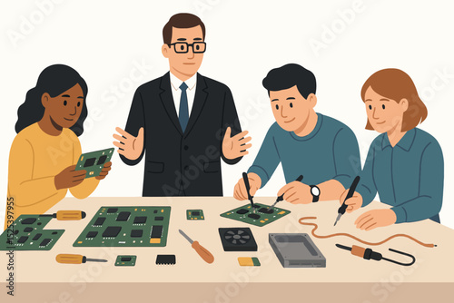Chief Technology Officer collaborating with engineers around workbench filled with circuit boards and hardware components