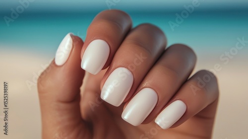 beautiful nail natural Elegant white nails showcased against a serene beach background.