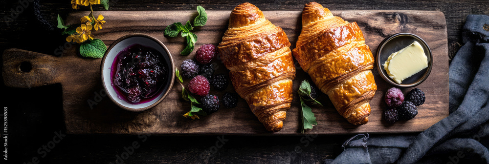 Delicious breakfast board featuring fresh croissants, berries, and spreads on a rustic wooden platter Delicious breakfast board featuring fresh croissants, berries, and spreads on a rustic wooden platter