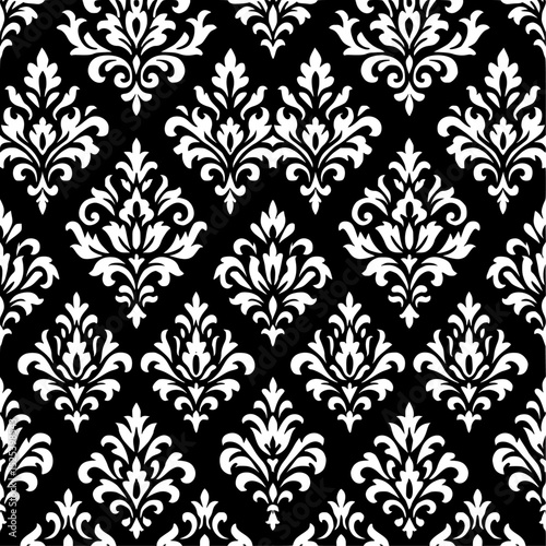 Elegant damask pattern, black and white, symmetrical floral