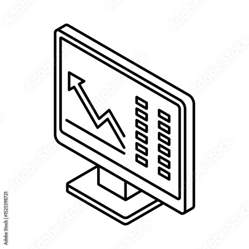 Stock market trading monitor with chart – Isometric vector icon. Editable stroke.