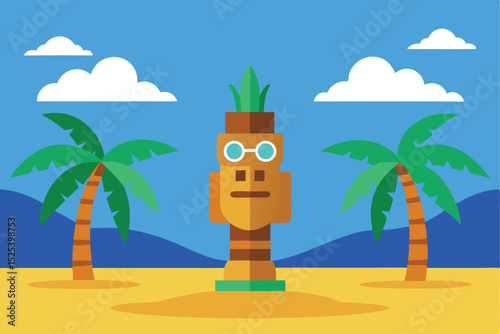 Tropical beach totem with sunglasses and palm trees