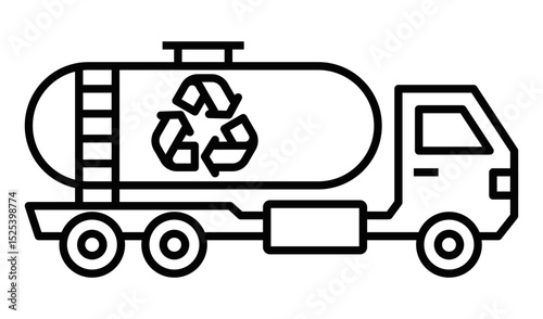 Recycling truck with tank and eco symbol in outline style. Editable stroke.