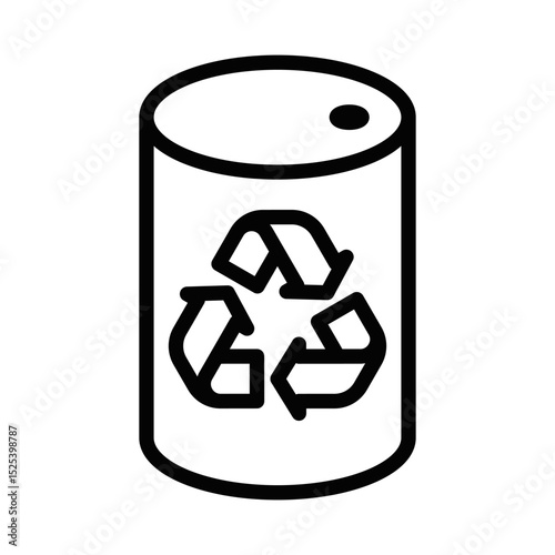 Recycle symbol on cylindrical metal can container. Editable stroke.