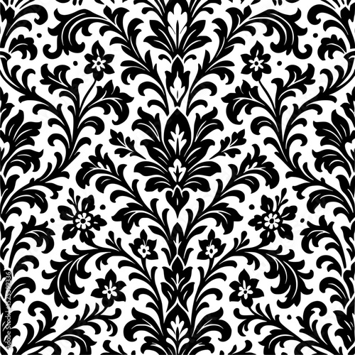 Floral ornament, black and white, intricate symmetry, refined pattern