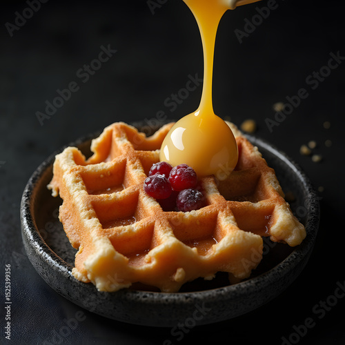 gaufre au caramel qui coule dessus sur fond noir 