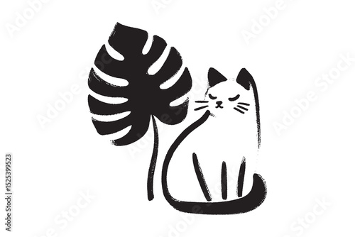 Cat with monstera leaf minimalist black vector illustration
