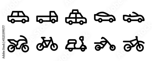 A versatile set of icons for personal and light ground transportation. Ideal for apps, maps, automotive, and lifestyle projects covering cars, motorcycles, and bikes.
