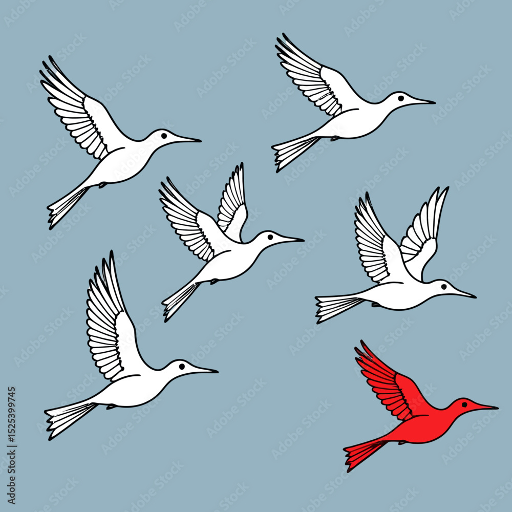 Obraz premium Birds in Flight-A Single Red Bird Stands Out-Individuality and Uniqueness Concept-Stylish Bird Illustration on Blue Background-Modern and Symbolic Design-Perfect for Artsy Projects