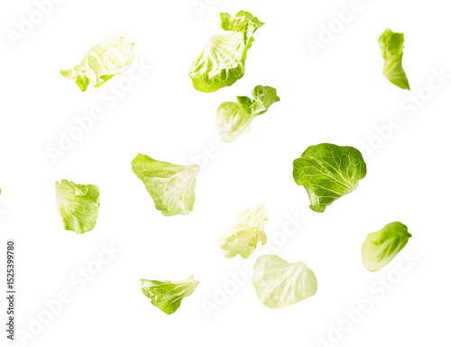 Floating lettuce leaves, green and yellow, transparent background, isolated, food photography, fresh, healthy, vibrant, salad ingredient, culinary, vegetable, organic, diet, nutrition, isolated