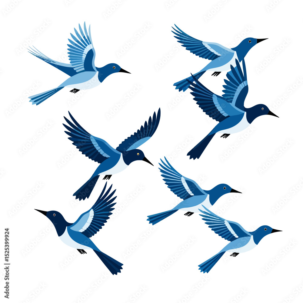 Fototapeta premium Bluebird Flock Illustration-Flying Bird Design-Graphic Art of Birds in Motion-Wildlife Vector Art-Elegant Birds on White Background-Nature Inspired Image