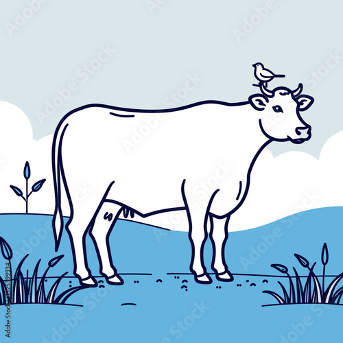 Cartoon Cow with Bird-Friendly Farm Animal Illustration-Cute Farm Scene with Grass and Sky-Dairy Cow Graphic for Kids Books-Simple Illustration Style