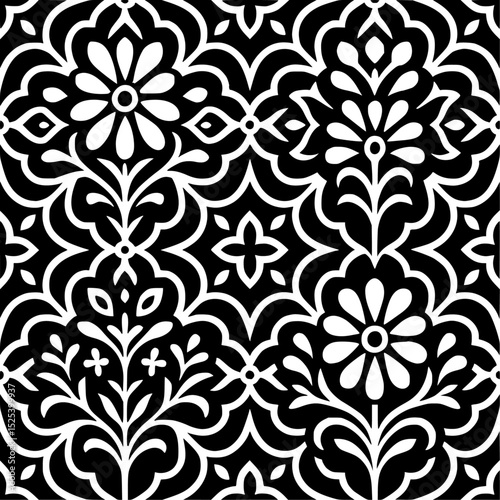 Geometric floral pattern, black and white