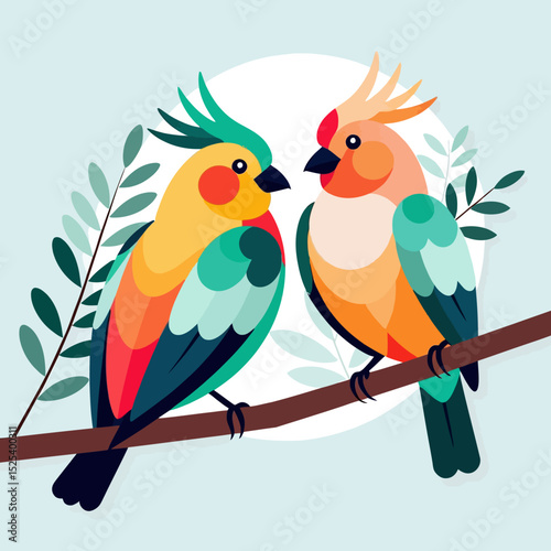 Colorful Bird Illustration-Two Cute Birds Perched on Branch-Vibrant Bird Art-Modern Bird Design-Nature Inspired Illustration-Bird Watching Art-Tropical Bird Image