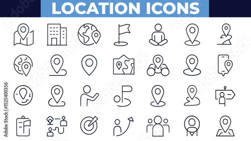 Location Icons Vector Set | Map Pins, GPS, Navigation, Place Marker, Direction, Travel, Address, Geolocation, Route, Destination Icons, Line Style

