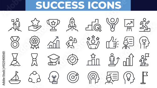 Success Icons Vector Set | Achievement, Business Growth, Motivation, Trophy, Winner, Leadership, Career Progress, Goal Setting, Award, Victory Icons, Line Style
