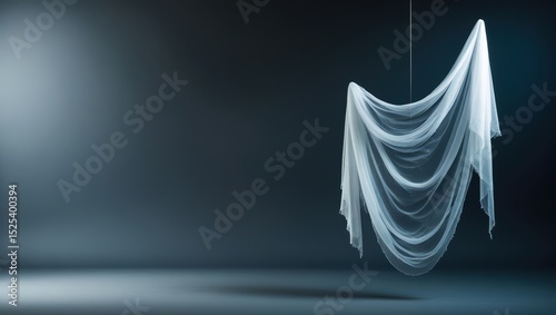 White fabric sheet hanging from string in studio lighting photography concept art
