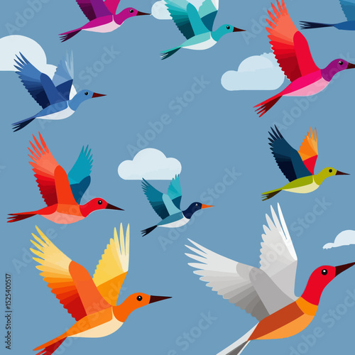 Colorful Birds Flying in Blue Sky Illustration-Whimsical Bird Art-Nature Inspired Design-Birdwatching Theme-Vibrant Avian Artwork-Sky Background with Birds