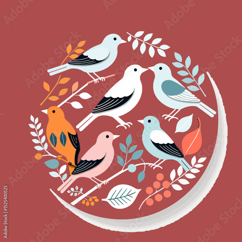 Colorful Birds Illustration-Charming Bird Circle Art-Elegant Avian Design with Pastel Shades-Unique Bird Themed Decor-Whimsical Bird Artwork for Home-Nature Inspired Art