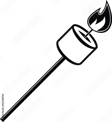 Marshmallow on stick, camping treat icon, grilled dessert vector, campfire snack symbol, minimal food design