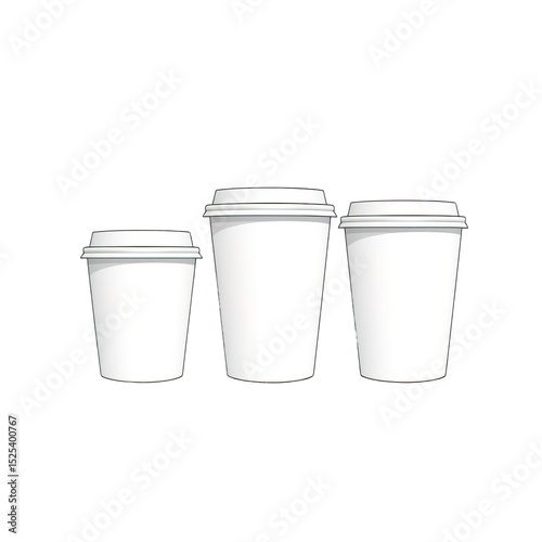 Three blank paper coffee cups of different sizes arranged in a row on a white background