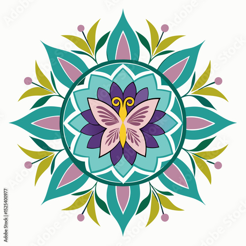 Floral Mandala with Butterflies – Colored Vector on White
