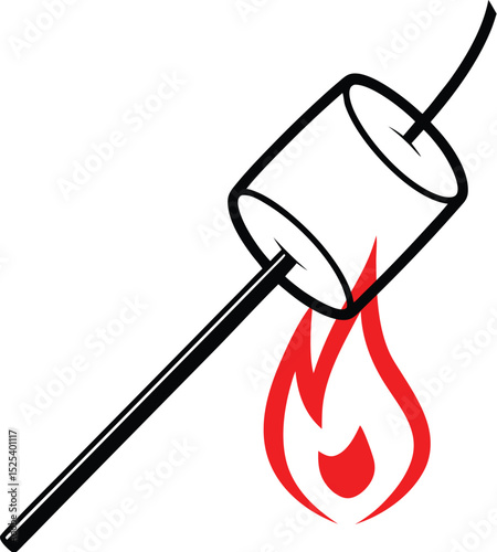 Marshmallow on stick, camping treat icon, grilled dessert vector, campfire snack symbol, minimal food design