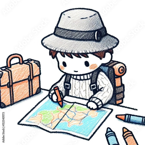 Happy child exploring a map while sitting at a table with backpack   photo
