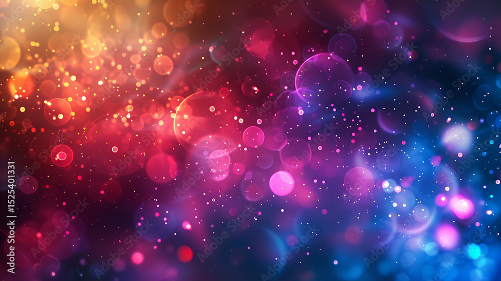 Fototapeta premium A vibrant and colorful abstract background featuring bokeh lights in shades of orange, red, pink, purple, and blue, creating a festive and magical atmosphere with sparkling glitter
