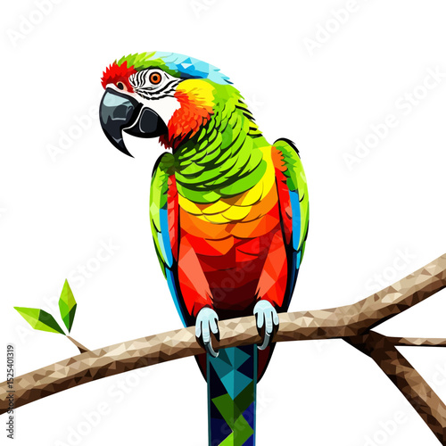 Colorful Parrot Illustration-Geometric Bird Art Print-Vibrant Macaw Design on Branch-Modern Tropical Bird Wall Decor-Unique Parrot Artwork-Bright Bird Graphic Design