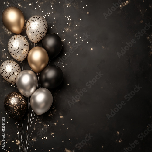 Stylish dark birthday background with black, gold, and silver balloons. AI generation.