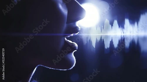 A close-up of a person speaking, with digital sound wave graphics visualizing their voice against a blue-lit background.