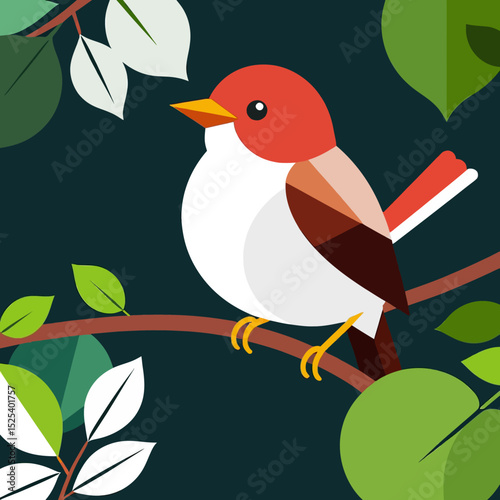 Cute Red Headed Bird Vector Illustration- Perched on Branch with Colorful Leaves- Nature Inspired Design- Ideal for Children's Books & Art Prints