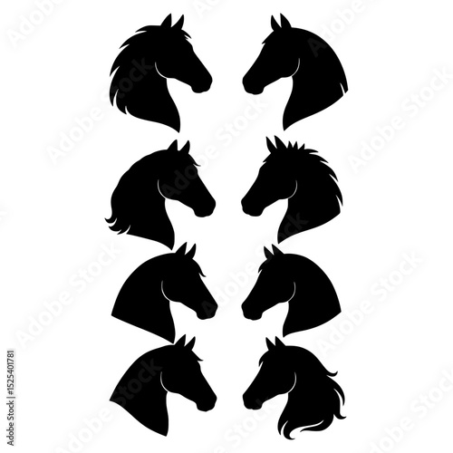 Horse silhouettes, black and white, profile view, various breeds