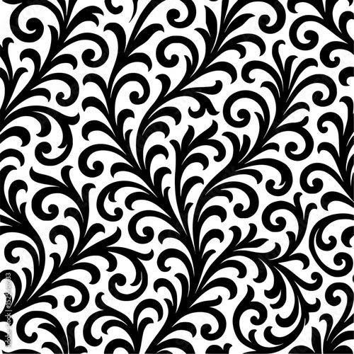 Intricate black and white swirls, ornate floral pattern