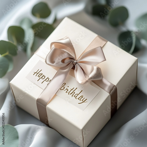 gift box wrapped in beige satin ribbon with Happy Birthday. AI generation.