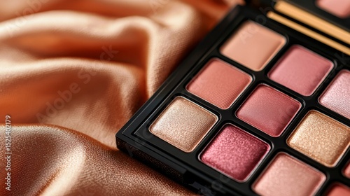 eyeshadow palette Cosmetic palette on silk fabric, featuring shades of pink and gold.